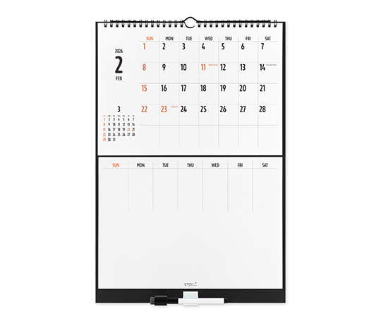 Midori - Calendrier 2026 avec tableau blanc - noir&blanc
