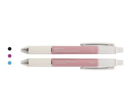 Stylo-bille à 3 couleurs (noir, prune, bleu ciel)