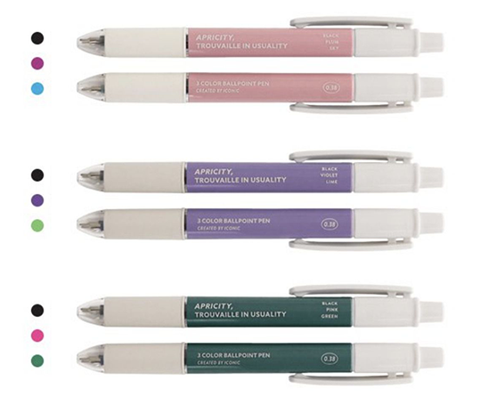 Stylo-bille à 3 couleurs (noir, prune, bleu ciel)