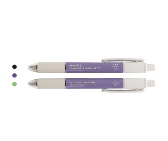 Stylo-bille à 3 couleurs (noir, violet, lime)