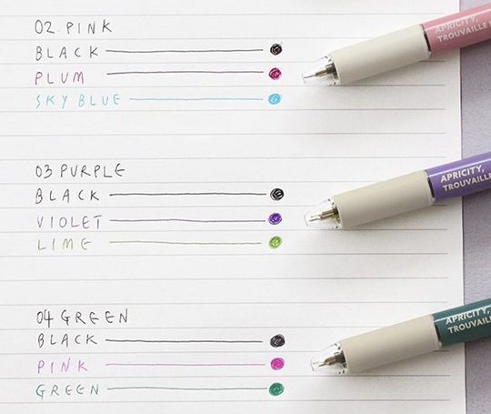 Stylo-bille à 3 couleurs (noir, violet, lime)