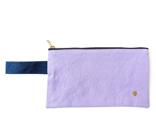 Pochette allongée en coton avec anse pétrole - Lilas Ananas