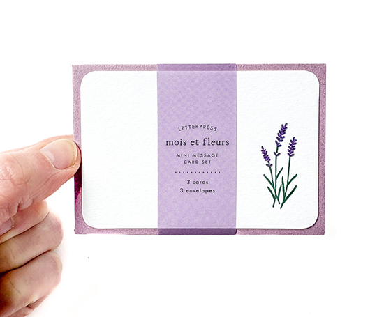Mini set de 3 cartes & enveloppes en letterpress - Lavande