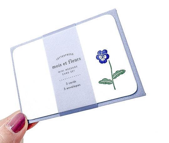 Mini set de 3 cartes & enveloppes en letterpress - Violette